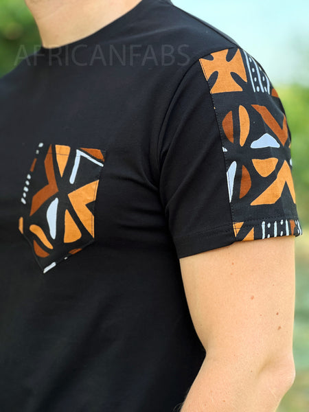 T-shirt with African print details - brown bogolan sleeves and chest pocket