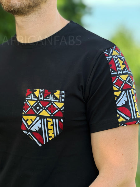 T-shirt with African print details - chestnut-red bogolan sleeves and chest pocket