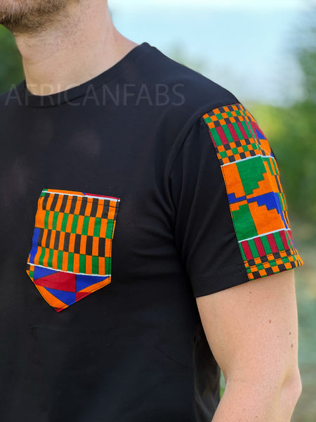 T-shirt with African print details - kente sleeves and chest pocket