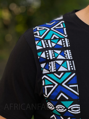 T-shirt with African print details -  blue / turquoise bogolan band