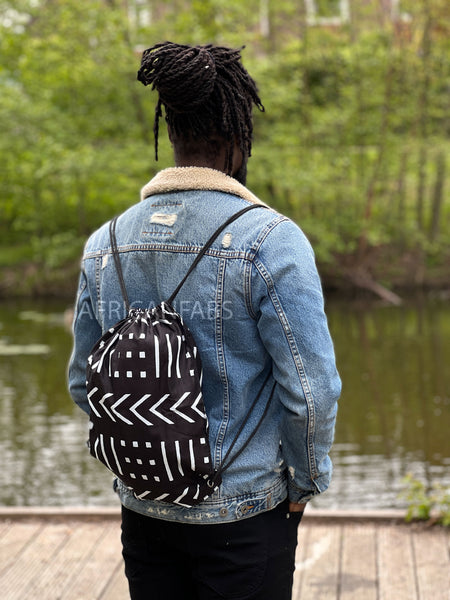 African Print Drawstring Bag / Gym Sack / School bag / Ankara Backpack / Festival Bag - Black white bogolan
