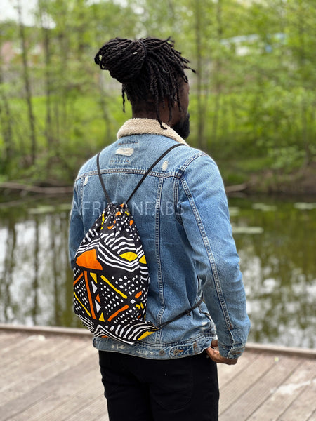 African Print Drawstring Bag / Gym Sack / School bag / Ankara Backpack / Festival Bag - Yellow / orange bogolan