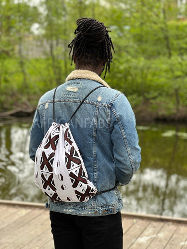 African Print Drawstring Bag / Gym Sack / School bag / Ankara Backpack / Festival Bag - White / brown bogolan