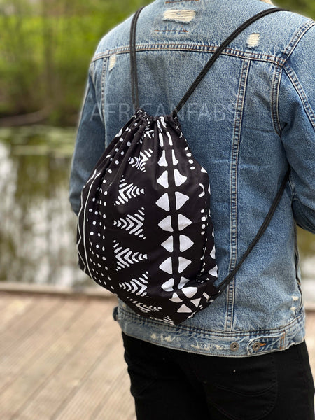 African Print Drawstring Bag / Gym Sack / School bag / Ankara Backpack / Festival Bag - Black / white bogolan