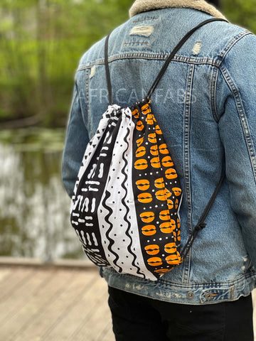 African Print Drawstring Bag / Gym Sack / School bag / Ankara Backpack / Festival Bag - White / orange bogolan