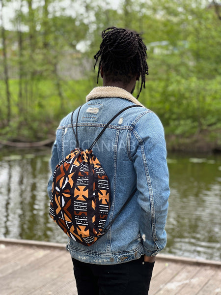 African Print Drawstring Bag / Gym Sack / School bag / Ankara Backpack / Festival Bag - Black / brown bogolan