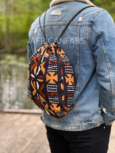 African Print Drawstring Bag / Gym Sack / School bag / Ankara Backpack / Festival Bag - Black / brown bogolan