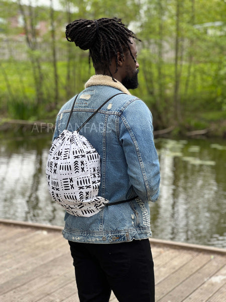 African Print Drawstring Bag / Gym Sack / School bag / Ankara Backpack / Festival Bag - White / black bogolan