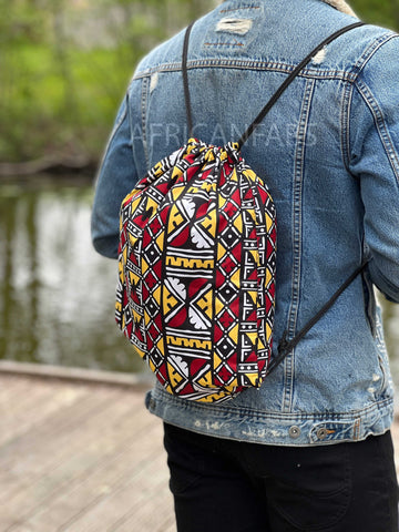 African Print Drawstring Bag / Gym Sack / School bag / Ankara Backpack / Festival Bag - yellow / burgundy bogolan