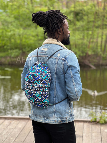 African Print Drawstring Bag / Gym Sack / School bag / Ankara Backpack / Festival Bag - Blue bogolan