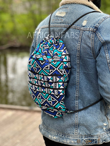 African Print Drawstring Bag / Gym Sack / School bag / Ankara Backpack / Festival Bag - Blue bogolan