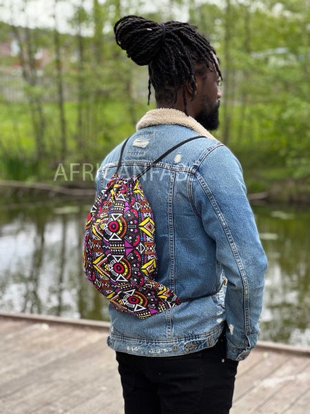 African Print Drawstring Bag / Gym Sack / School bag / Ankara Backpack / Festival Bag - Yellow / purple Tribal print