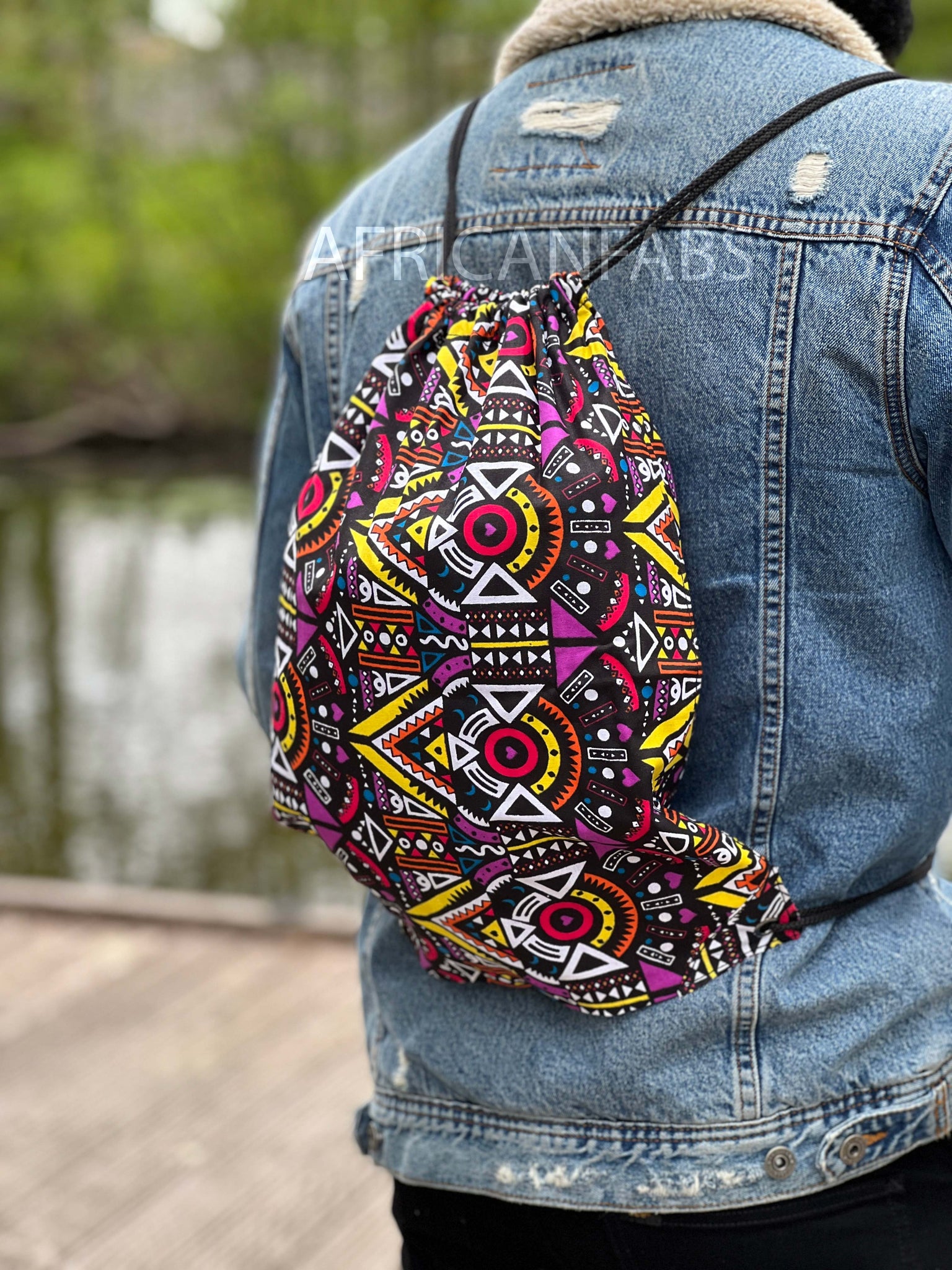 African Print Drawstring Bag / Gym Sack / School bag / Ankara Backpack / Festival Bag - Yellow / purple Tribal print