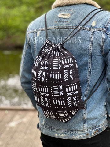 African Print Drawstring Bag / Gym Sack / School bag / Ankara Backpack / Festival Bag - Black / white bogolan