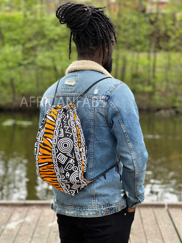 African Print Drawstring Bag / Gym Sack / School bag / Ankara Backpack / Festival Bag - Orange / white Bogolan