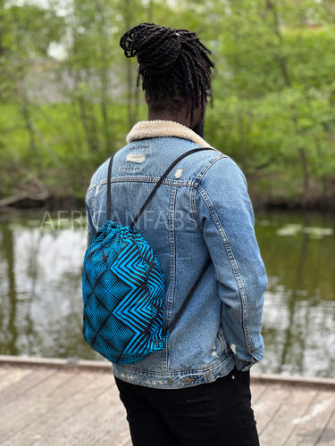 African Print Drawstring Bag / Gym Sack / School bag / Ankara Backpack / Festival Bag - Blue Bogolan