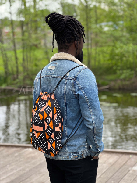 African Print Drawstring Bag / Gym Sack / School bag / Ankara Backpack / Festival Bag - Orange / peach