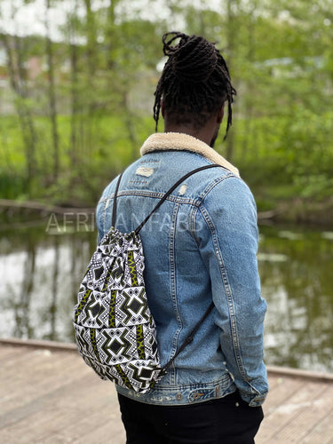 African Print Drawstring Bag / Gym Sack / School bag / Ankara Backpack / Festival Bag - Green / white Bogolan