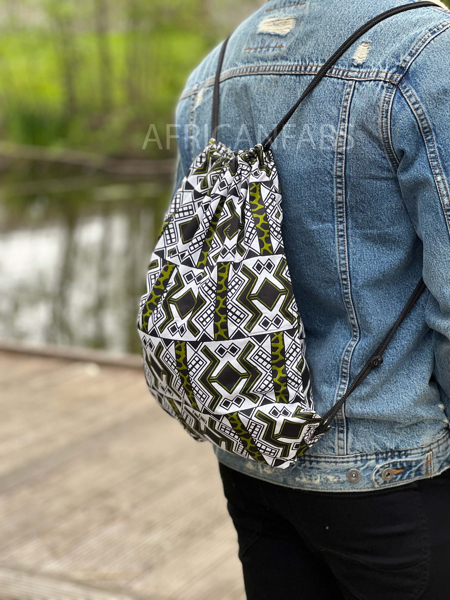 African Print Drawstring Bag / Gym Sack / School bag / Ankara Backpack / Festival Bag - Green / white Bogolan