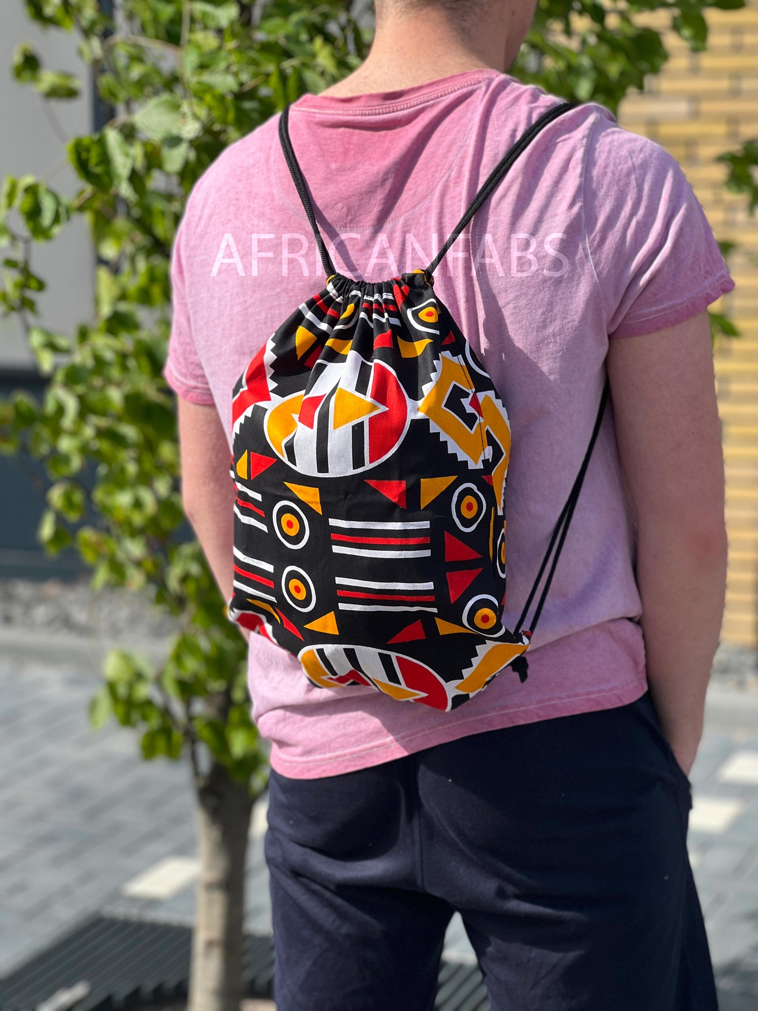 African Print Drawstring Bag / Gym Sack / School bag / Ankara Backpack / Festival Bag - Black / red Bogolan