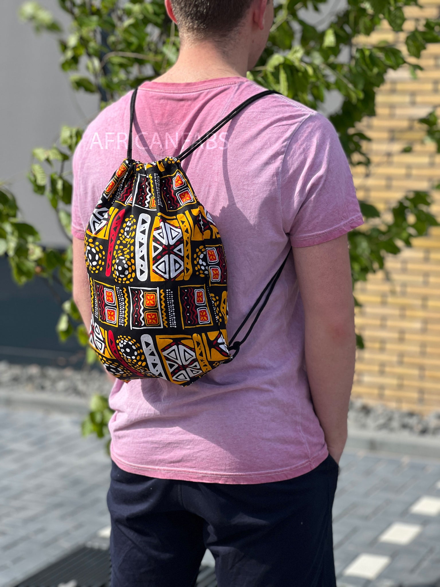 African Print Drawstring Bag / Gym Sack / School bag / Ankara Backpack / Festival Bag - Orange / yellow Bogolan