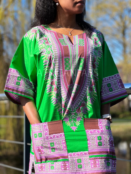 Green Dashiki Shirt / Dashiki Dress - African print top - Unisex - Vlisco