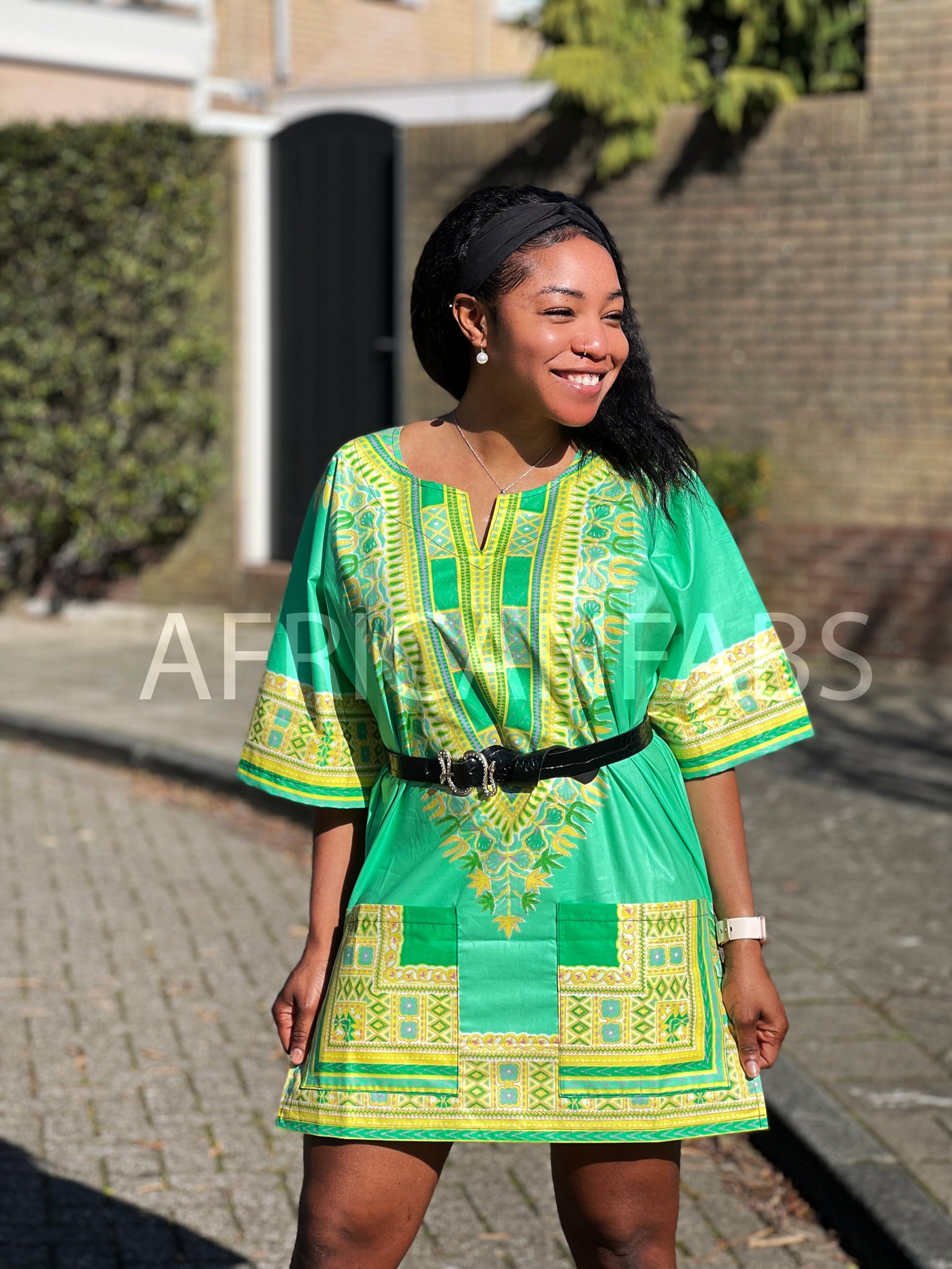 lime green african dress Ashantee Women's African Print Stretch Tunic Dress (Lime Zebra Abstract) Green / S