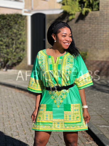 Lemon green Dashiki Shirt / Dashiki Dress - African print top - Unisex - Vlisco