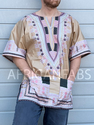 Beige Dashiki Shirt / Dashiki Dress - African print top - Unisex - Vlisco