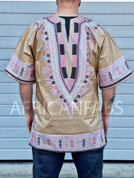 Beige Dashiki Shirt / Dashiki Dress - African print top - Unisex - Vlisco