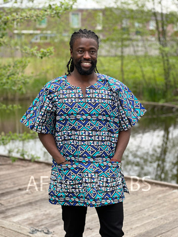 Blue / white Bogolan Dashiki Shirt / Dashiki Dress - African print top - Unisex