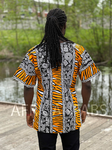 Orange / white Bogolan Dashiki Shirt / Dashiki Dress - African print top - Unisex