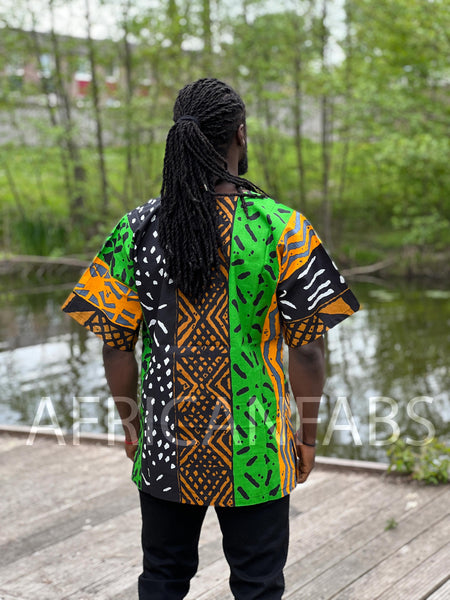 Green / black Bogolan Dashiki Shirt / Dashiki Dress - African print top - Unisex