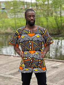 Black / yellow / orange Bogolan Dashiki Shirt / Dashiki Dress - African print top - Unisex