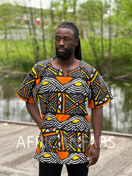 Black / yellow / orange Bogolan Dashiki Shirt / Dashiki Dress - African print top - Unisex