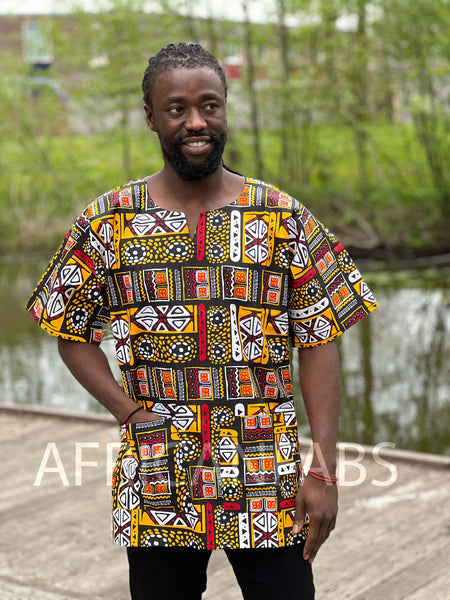 Black / yellow Bogolan Dashiki Shirt / Dashiki Dress - African print top - Unisex