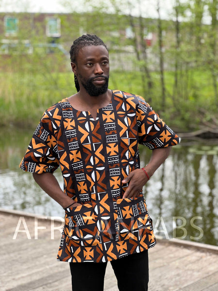 Brown Bogolan Dashiki Shirt / Dashiki Dress - African print top - Unisex