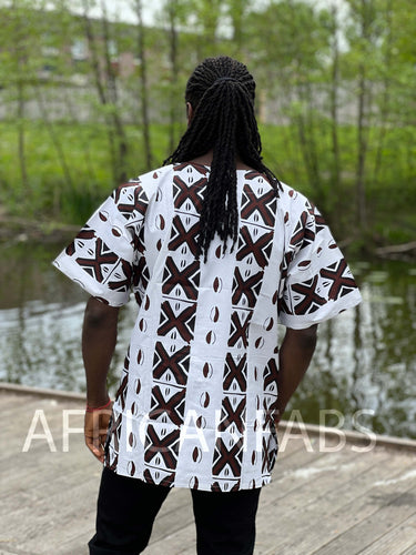 White Bogolan Dashiki Shirt / Dashiki Dress - African print top - Unisex