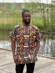Salmon / black Bogolan Dashiki Shirt / Dashiki Dress - African print top - Unisex
