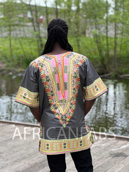 Grey Dashiki Shirt / Dashiki Dress - African print top - Unisex - Vlisco
