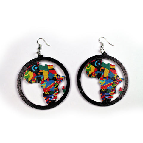 Black wooden earrings | African continent with all country flags