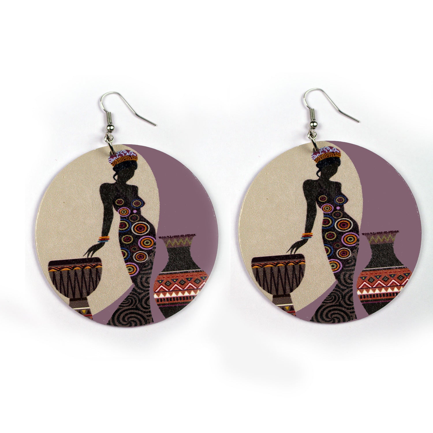 Large wooden Ethnic drop earrings | The woman and two pots