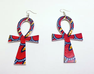 Ankh shaped wooden African Earrings with Print - Red