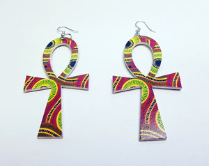 Ankh shaped wooden African Earrings with Print - Yellow / Pink