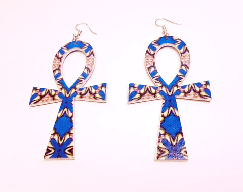 Ankh shaped wooden African Earrings with Print - Blue Shapes