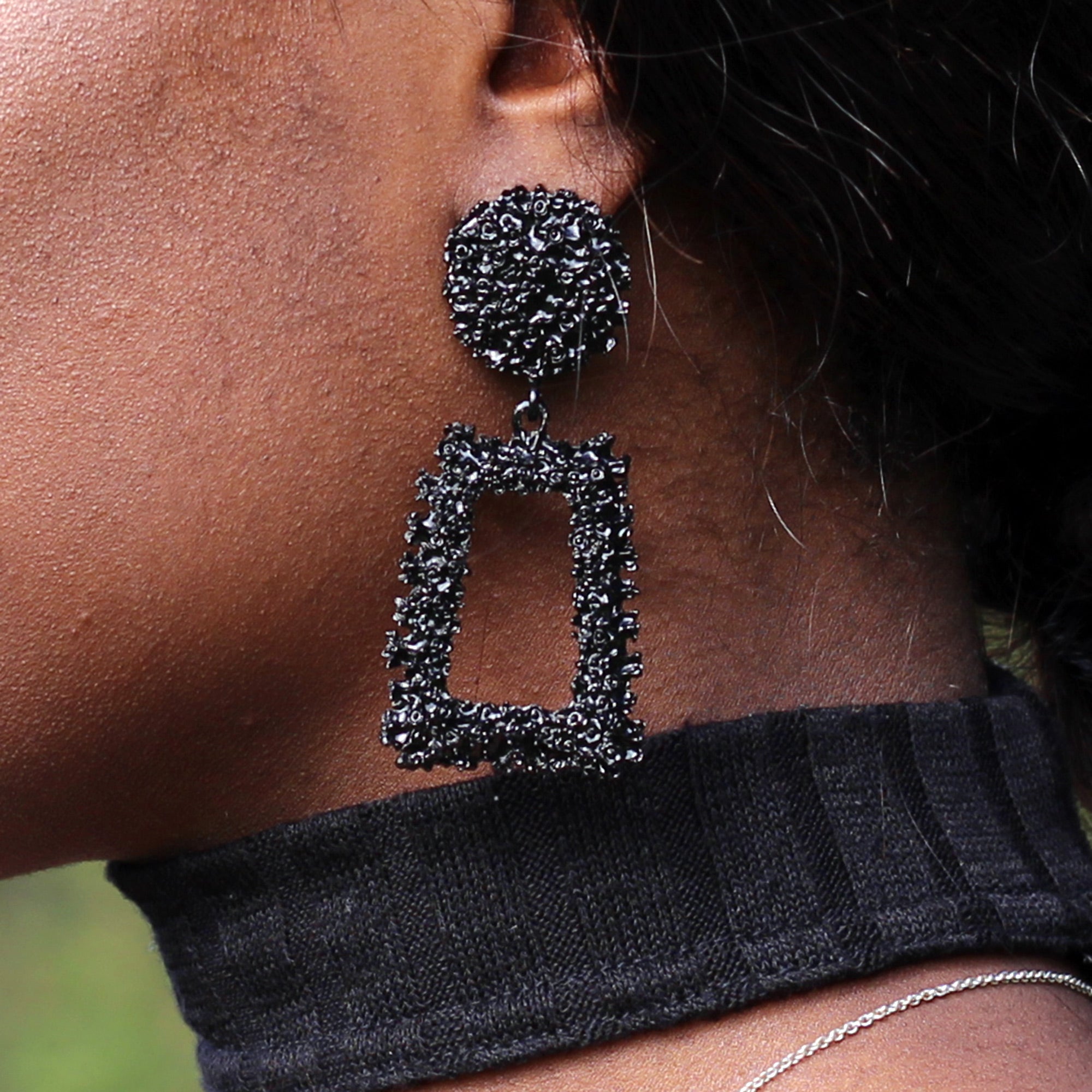 Black Large Chunky Metal Geometric Drop Earrings