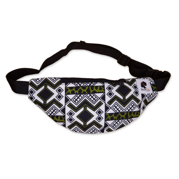 African Print Fanny Pack - White / green bogolan - Ankara Waist Bag / Bum bag / Festival Bag with Adjustable strap