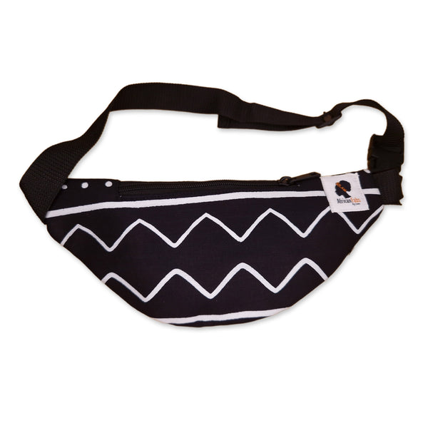 African Print Fanny Pack - Black / white bogolan - Ankara Waist Bag / Bum bag / Festival Bag with Adjustable strap