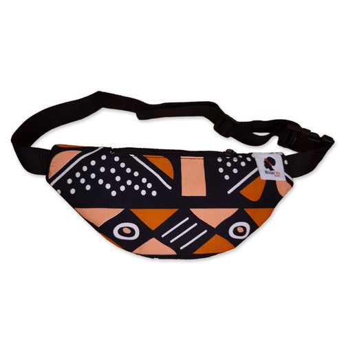 African Print Fanny Pack - Black / orange bogolan - Ankara Waist Bag / Bum bag / Festival Bag with Adjustable strap