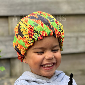 African Kente Print Hair Bonnet (Kids / Children's size 3-7 years) ( Satin lined Night sleep cap )